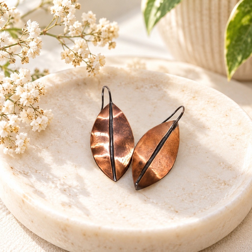 Handcrafted Copper Leaf-Shaped Dangle Earrings With Distressed Finish